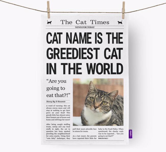 The {breedShortName} Times 'Greediest Cat In The World' Personalised Dish Towel